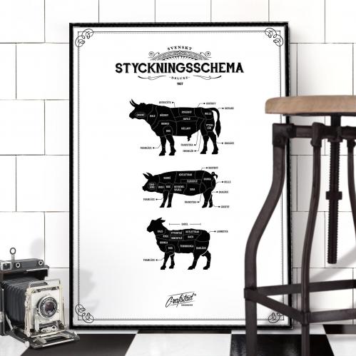 Poster - Styckningsschema Vintage Vit - 50 x 70 cm - www.frokenfraken.se