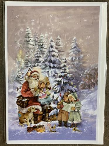 Dubbel Kort/Adventskalender - Tomte & barn sjunger i snn - 17 x 11,5 cm - www.frokenfraken.se