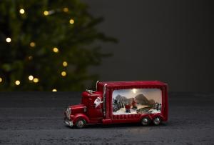 Tomte i röd lastbil med julby på släpet - 9 cm - www.frokenfraken.se