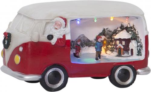 Jultomte i buss med dekorationsby - 12,5 cm - www.frokenfraken.se