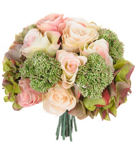 Bukett - Rosa & Grön - Sidenblommor - 26 cm - www.frokenfraken.se