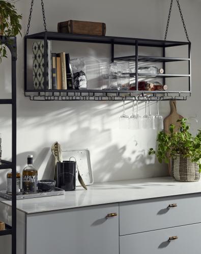 Hängande kökshylla med plats för vinglas - 120 x 43 x 30 cm - www.frokenfraken.se