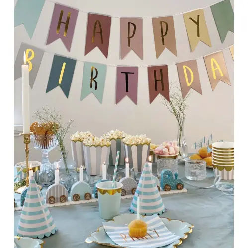 Vimpel - Bokstavsbanner - Happy Birthday - Blå/Guld - 3,5 m - www.frokenfraken.se