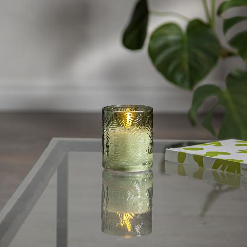 Batteriljus - Blockljus med Glaslykta - Grön - Flamme - Ø 8,5 x 10 cm - Timer - www.frokenfraken.se