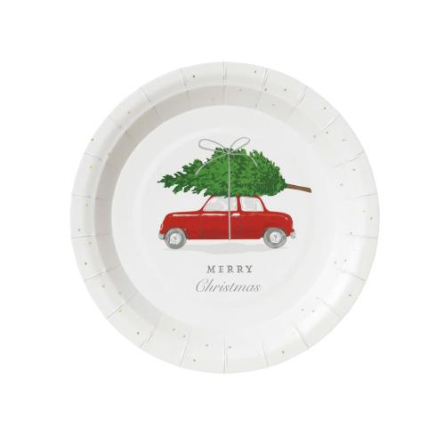 Papperstallrikar - Röd bil med gran på taket - 18 cm - www.frokenfraken.se