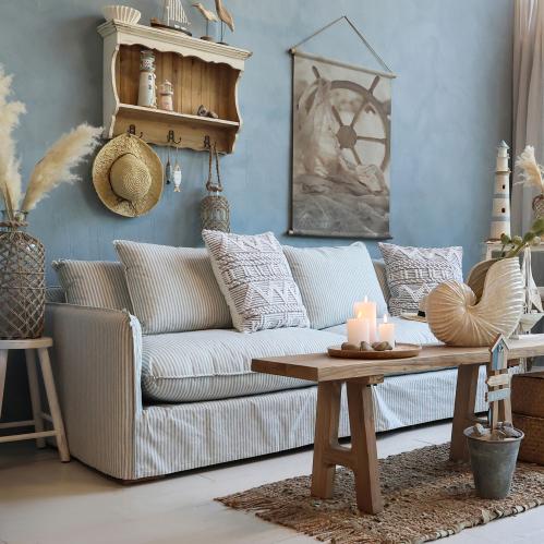 Soffa av Linne - Randig - Blå/Creme - 75 x 220 x 95 cm - www.frokenfraken.se
