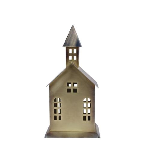 Ljuslykta - Hus i metall - Kyrka - Antik Mässing - B16 x H32 x D11 cm - www.frokenfraken.se