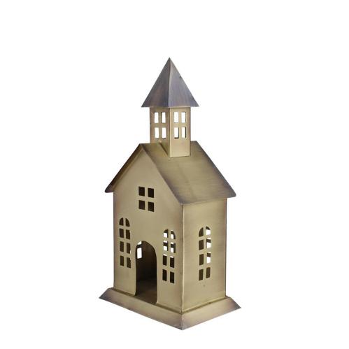 Ljuslykta - Hus i metall - Kyrka - Antik Mässing - B16 x H32 x D11 cm - www.frokenfraken.se