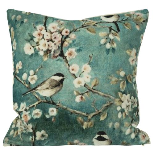 Kuddfodral - Birds Petrol - Sammet - 45 x 45 cm - www.frokenfraken.se
