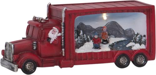 Tomte i röd lastbil med julby på släpet - 9 cm - www.frokenfraken.se