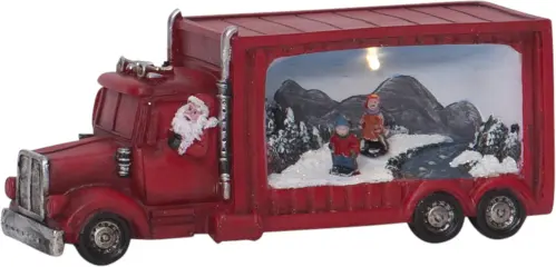 Tomte i röd lastbil med julby på släpet - 9 cm - www.frokenfraken.se
