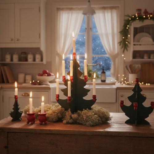 Ljusstake - Gran i trä - Gammaldags Julpynt - 21 cm - www.frokenfraken.se