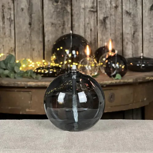 Oljelampa S - Glas - Rund Boll - Rökgrå - Ø9 cm - www.frokenfraken.se