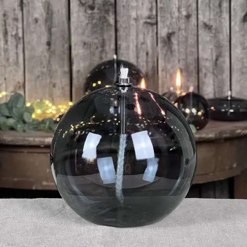 Oljelampa XL - Glas - Rund Boll - Rökgrå - Ø13 cm - www.frokenfraken.se