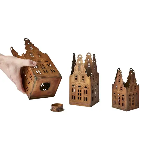 Ljuslyktor hus Metall - 3 storlekar - Antik mässing - 14-27 cm - www.frokenfraken.se