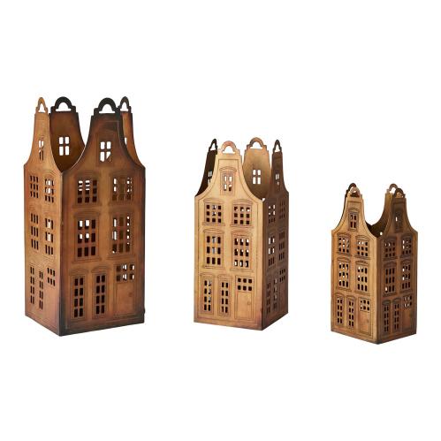 Ljuslyktor hus Metall - 3 storlekar - Antik mässing - 14-27 cm - www.frokenfraken.se