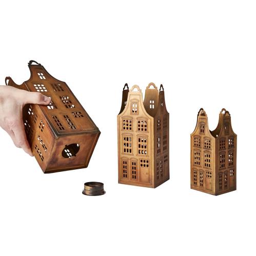 Ljuslyktor hus Metall - 3 storlekar - Antik mässing - 14-27 cm - www.frokenfraken.se