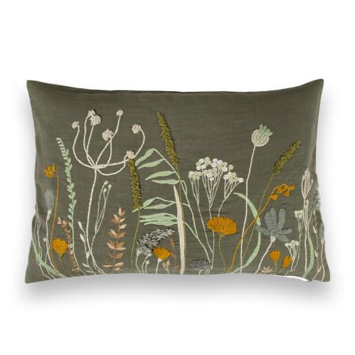 Kuddfodral - broderade blommor - Grön 60 x 40 cm - www.frokenfraken.se