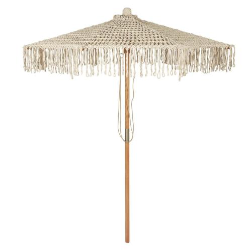 Parasoll - Virkat naturfärgat med fransar och trästång - Ø180 cm - www.frokenfraken.se