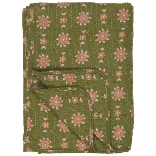 Pläd - Quilt - Grön med orange blommor - 130 x 180 cm - www.frokenfraken.se