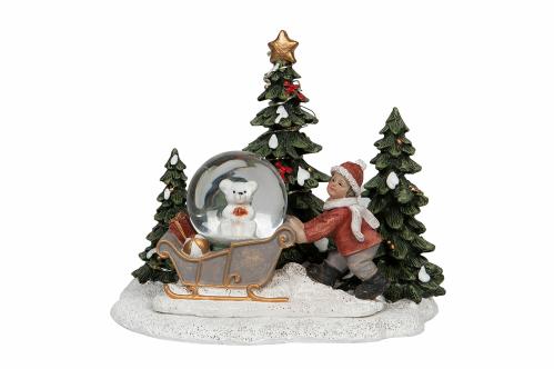 Snöglob - Ledlampa - Nisse med släde och granar - 16 x 12,5 x 14,5 cm - www.frokenfraken.se