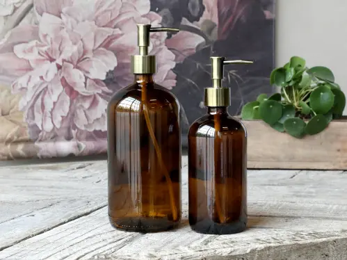 Glasflaska med pump i antik mässing - 1000 ml - www.frokenfraken.se