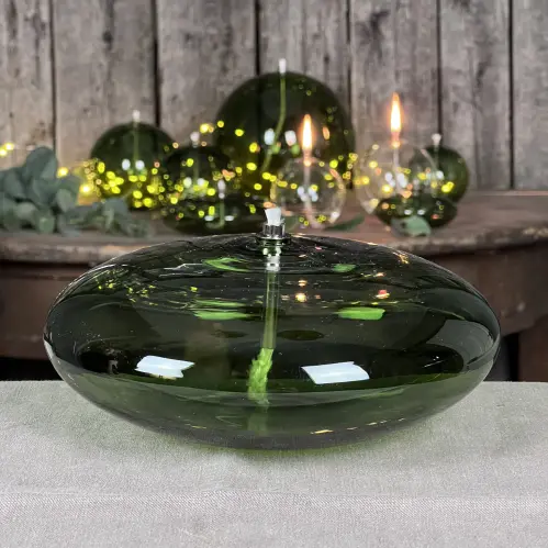 Oljelampa XL - Glas - Rund Platt Ellips - Grön - Ø18 cm - www.frokenfraken.se