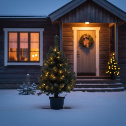 Julgran i rund kruka - 90 cm - Inomhus & Utomhusbruk - Batteridriven - www.frokenfraken.se